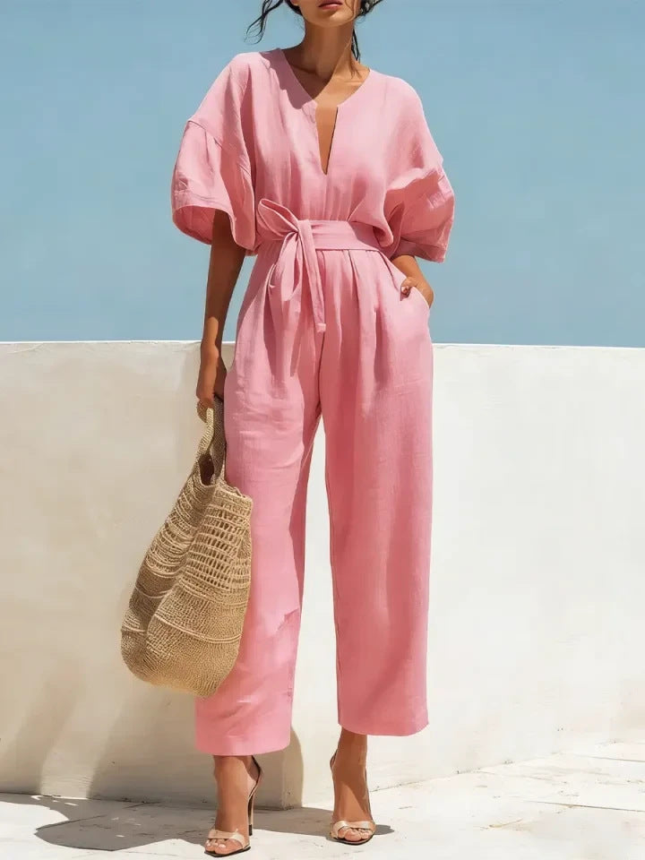 Fashionable V-Neck Cotton Linen Jumpsuit for Women – Solid Color Wide Leg