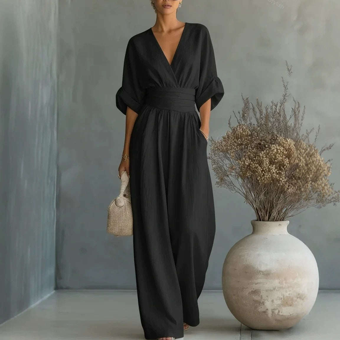 V Neck Wide Leg Jumpsuit – Short Sleeve Elegant Summer Casual Women Outfit