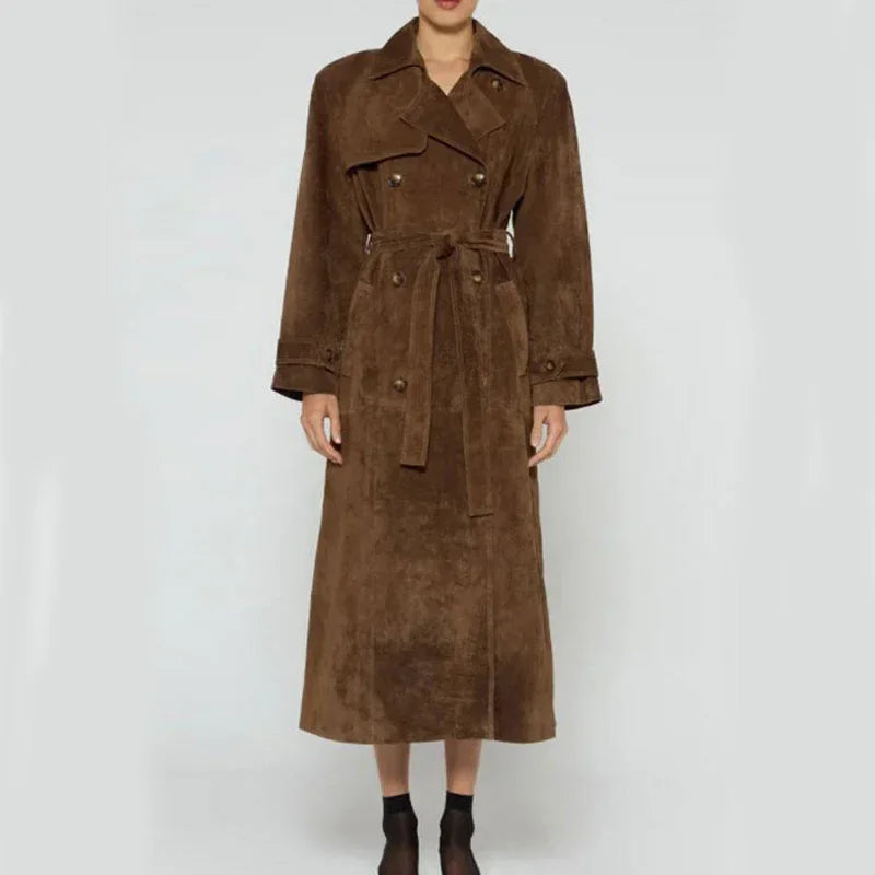 Double Breasted Suede Coat Women – Vintage Belted Long Winter Coat - ZA-Zola