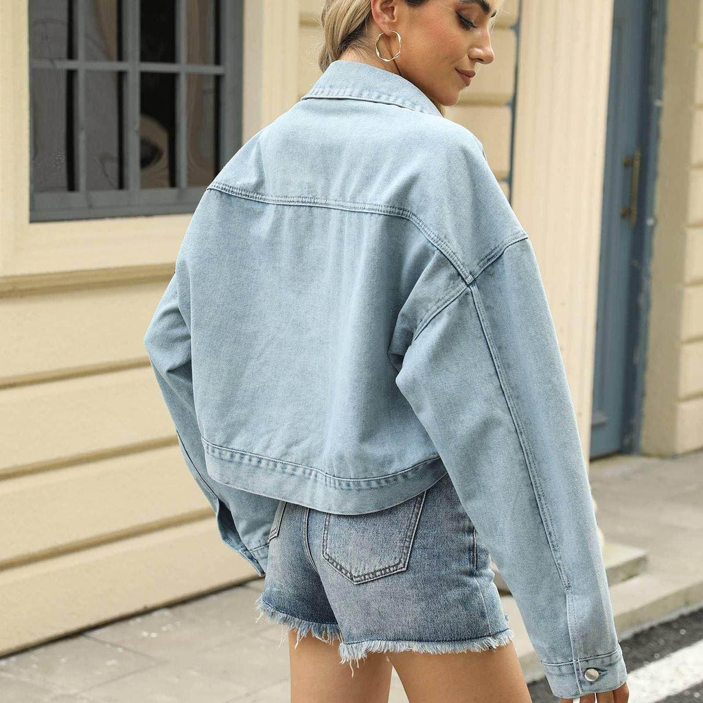 Loose Cropped Denim Jacket with Rivet Design for Women - ZA-Zola