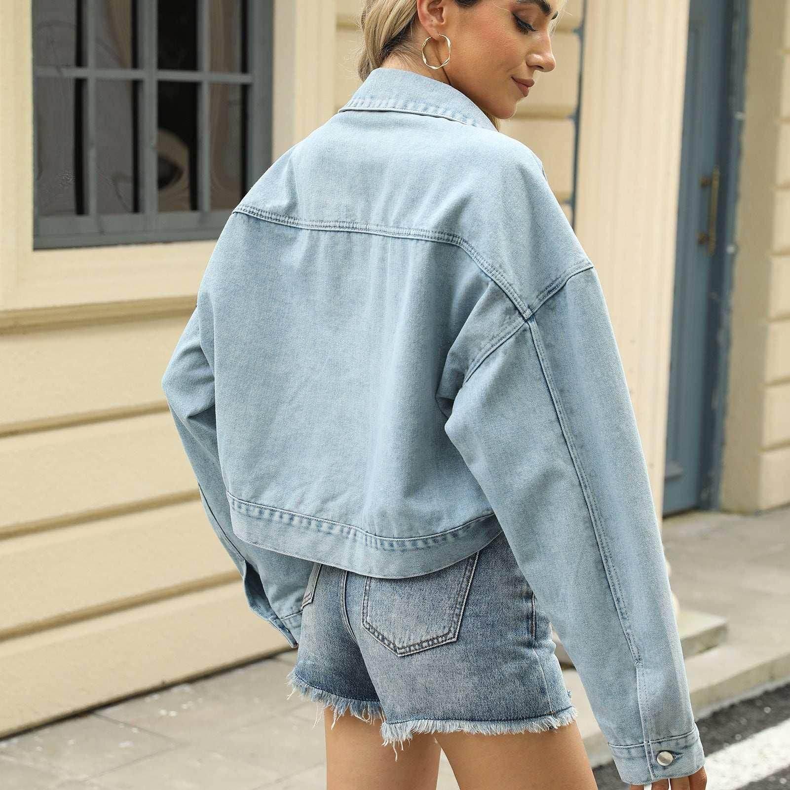 Loose Cropped Denim Jacket with Rivet Design for Women - ZA-Zola