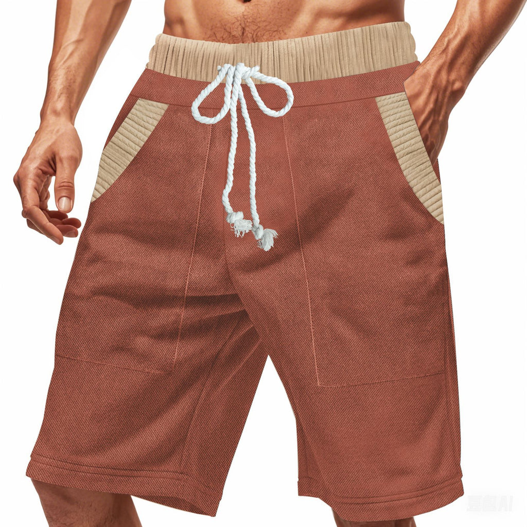 Brown shorts with beige accents and a white drawstring on a white background