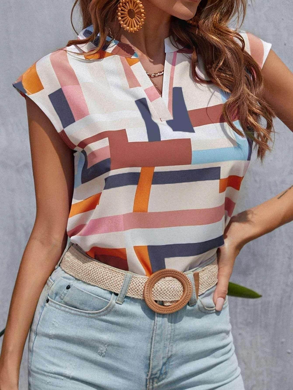 Digital Print V-Neck Doll Sleeve Top for Women - ZA-Zola
