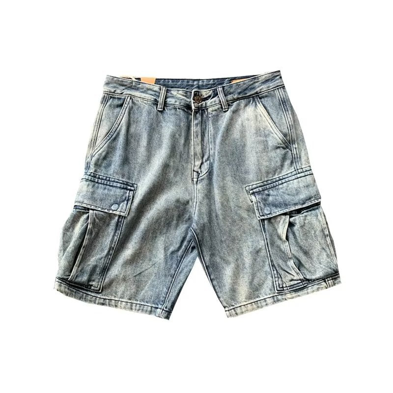 Blue denim cargo shorts on a white background