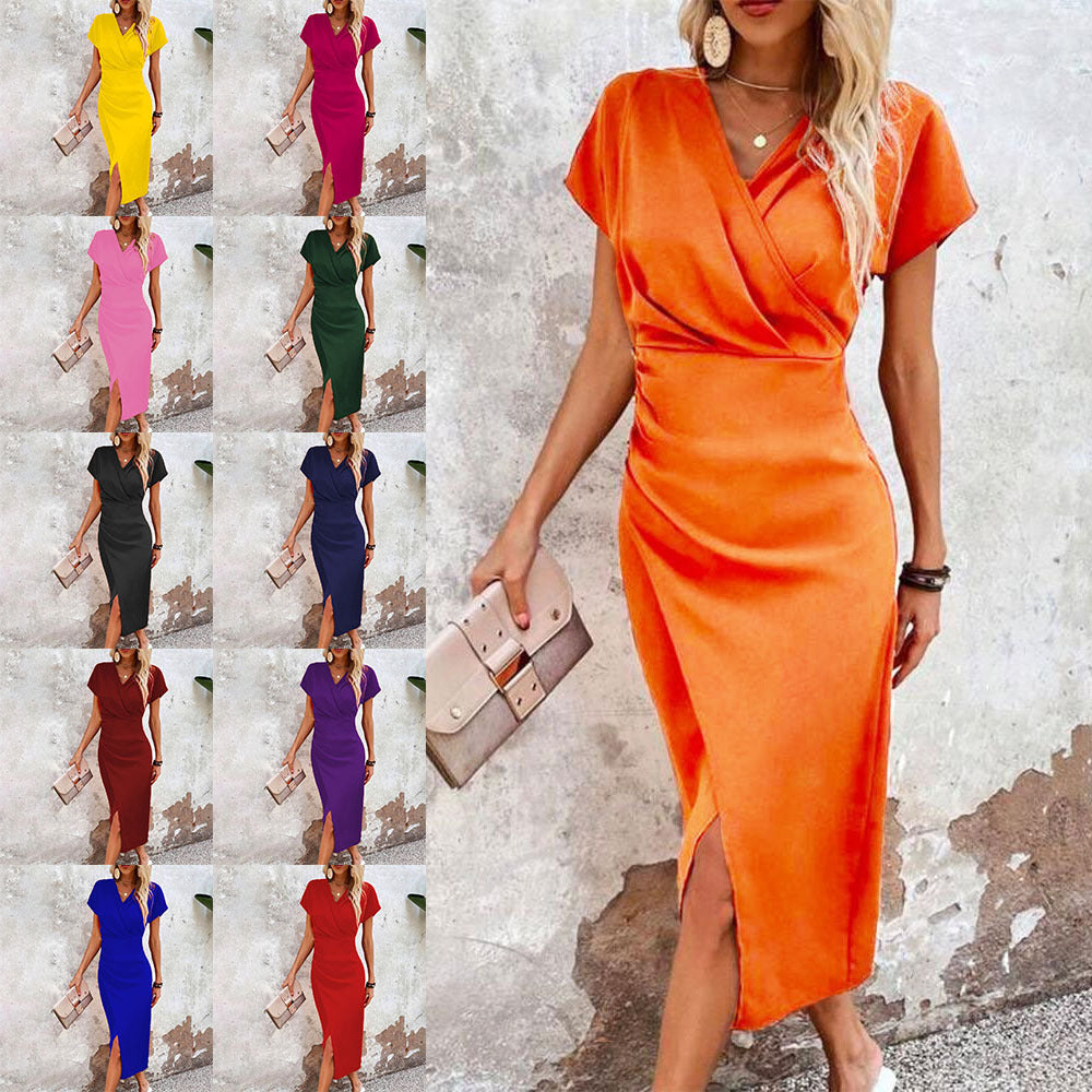 Women's Slim Fit Split V-Neck Short Sleeve Bodycon Dress