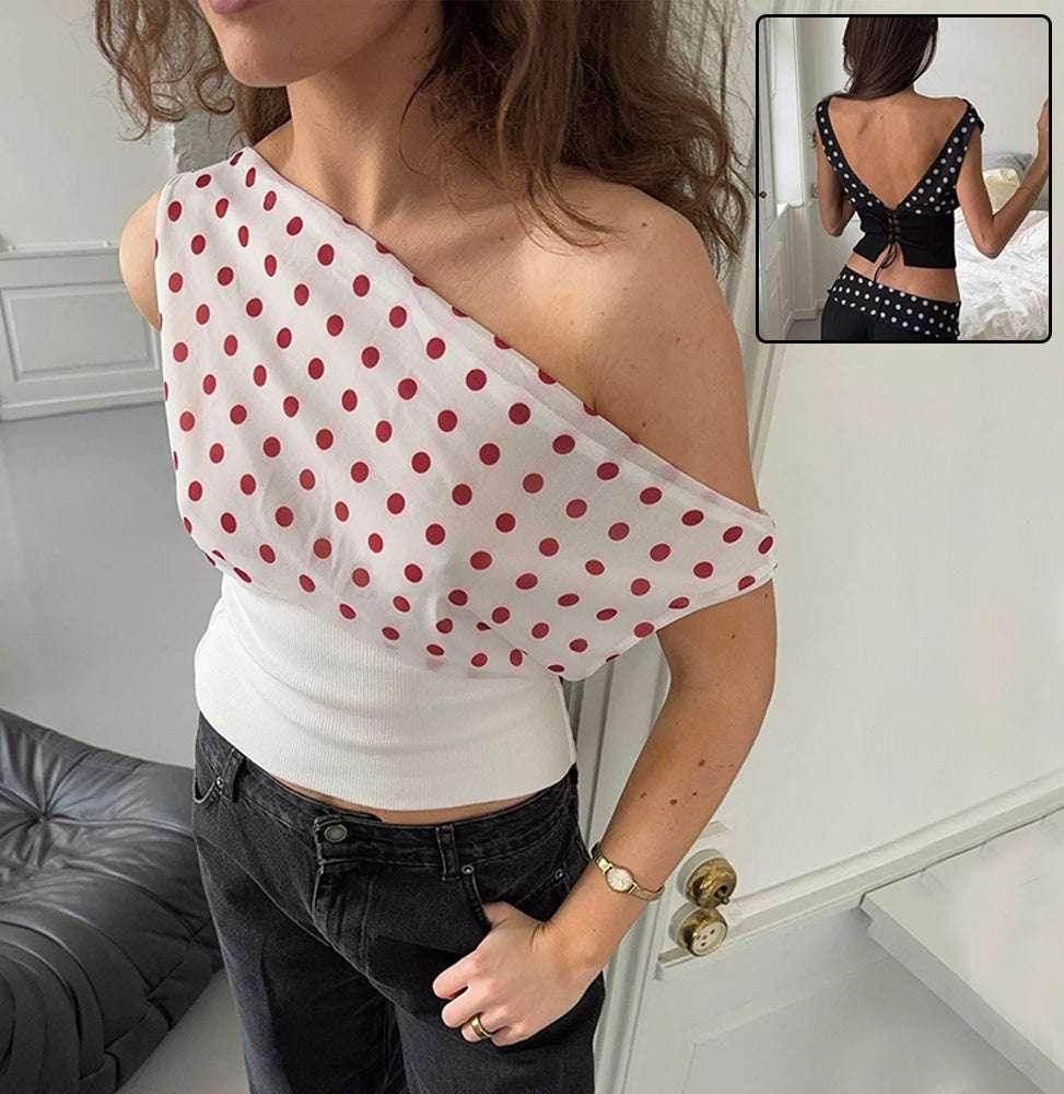 Polka Dot Oblique Shoulder Chiffon Crop Top - ZA-Zola