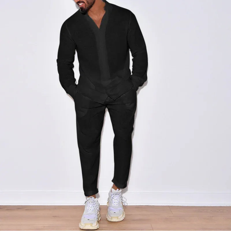 Men Linen Lounge Suit Long Sleeve Shirt & Trousers - ZA-Zola