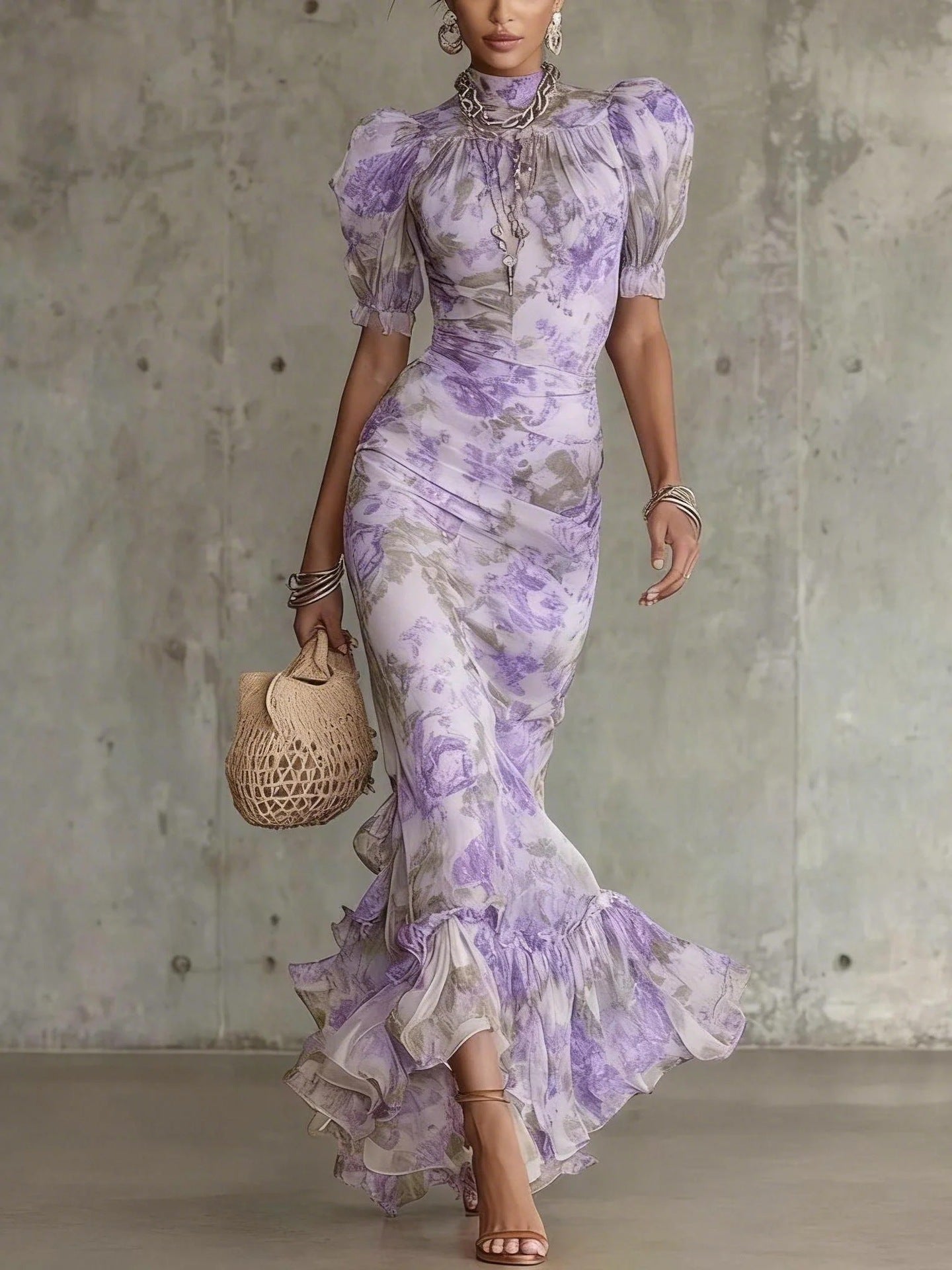 Woman wearing a floral dress with a textured wall background