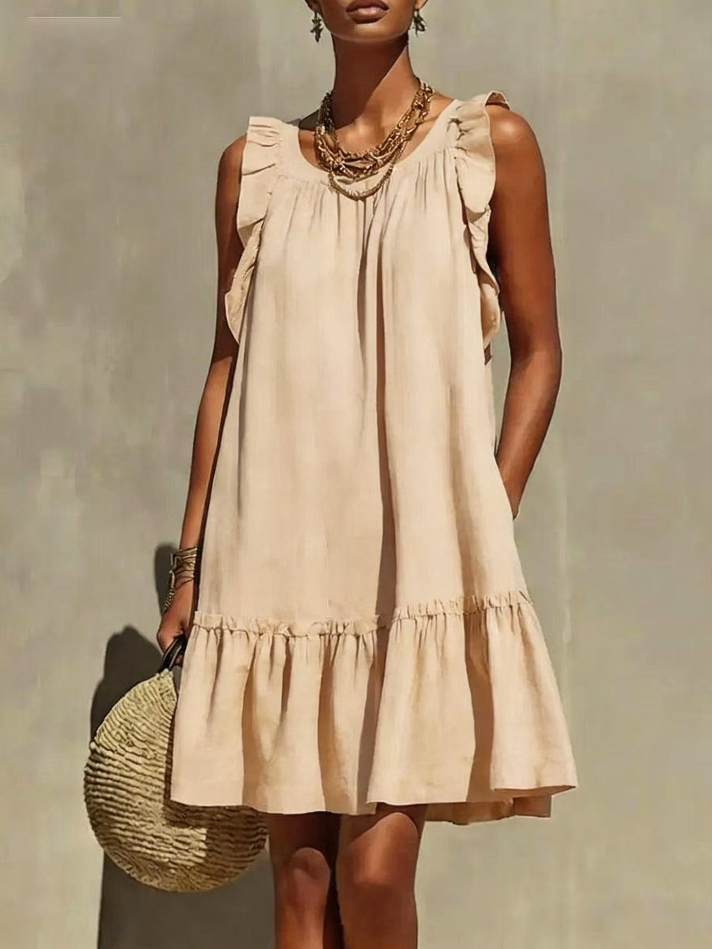 Casual Loose Round Neck Sleeveless Ruffle Trim Dress – Stylish A-Line Women's Fashion