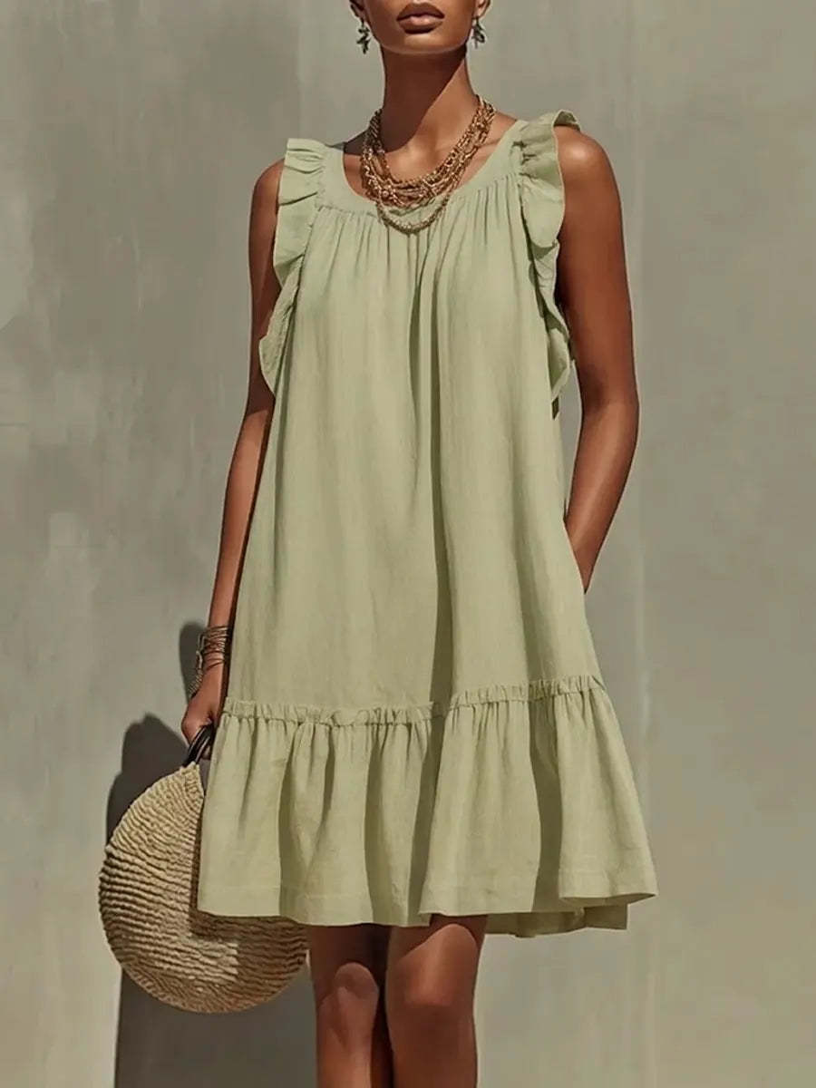 Casual Loose Round Neck Sleeveless Ruffle Trim Dress – Stylish A-Line Women's Fashion