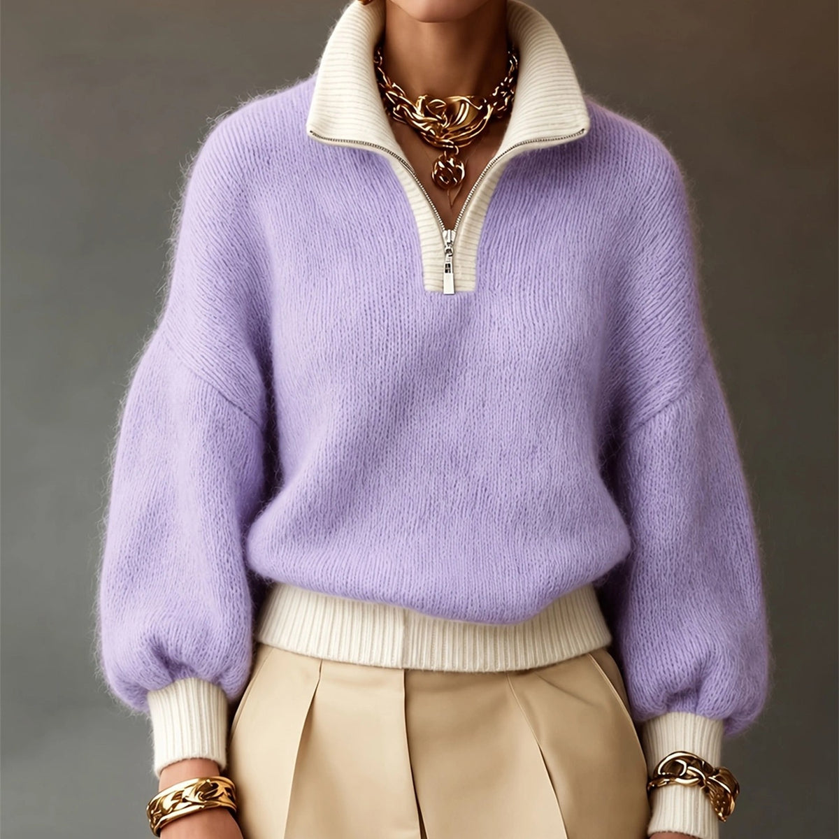 A person wearing a fuzzy lavender quarter-zip sweater with a cream ribbed collar, hem, and cuffs, paired with beige pleated trousers and chunky gold chain jewelry against a neutral gray background.