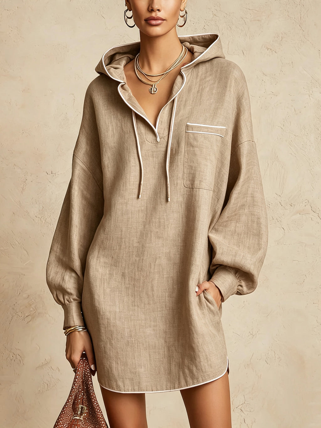 A woman models an oversized beige linen hooded shirt dress with white contrast piping, drawstrings, and a chest pocket, set against a textured beige wall.