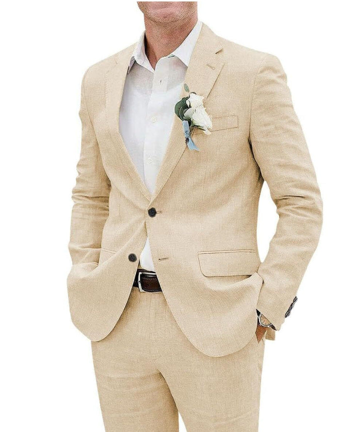Man wearing a beige suit with a white shirt and a boutonniere on a white background