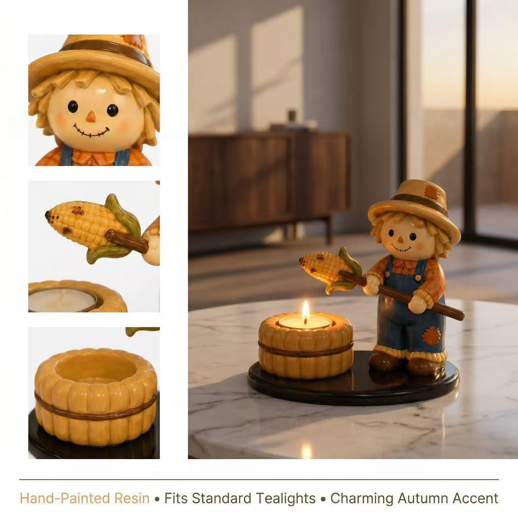 A hand-painted resin scarecrow tea light holder figurine shown in a collage layout. The main panel shows the scarecrow holding a corn cob beside a lit tealight candle in a round holder, placed on a marble table in a warm indoor setting.