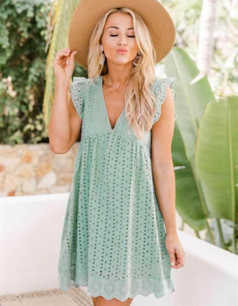 Lace Dresses With Pocket – Summer Sleeveless Jacquard V-Neck Beach Dress - ZA-Zola