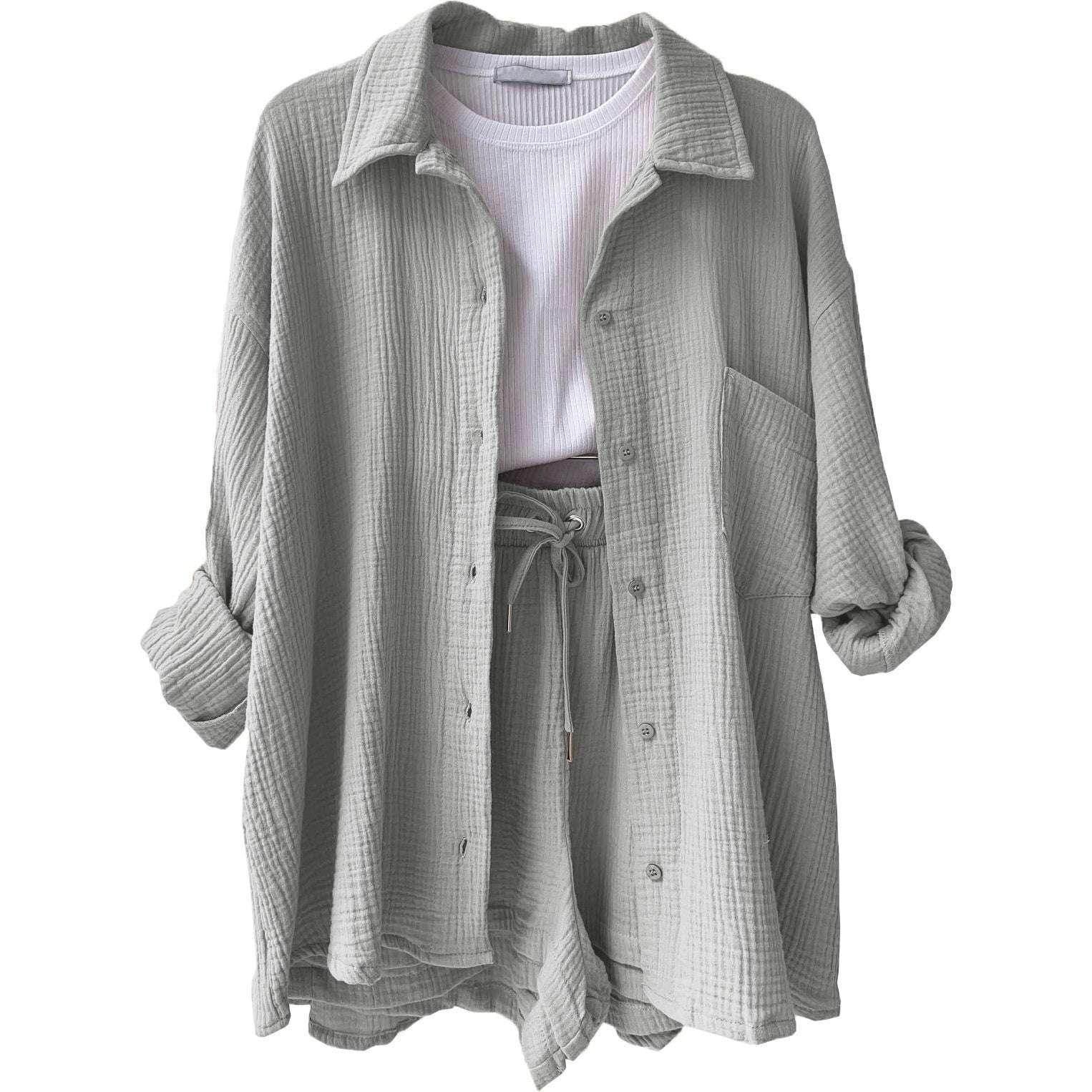 ZA-Zola women’s grey lounge set with button-up shirt, drawstring shorts, and white top