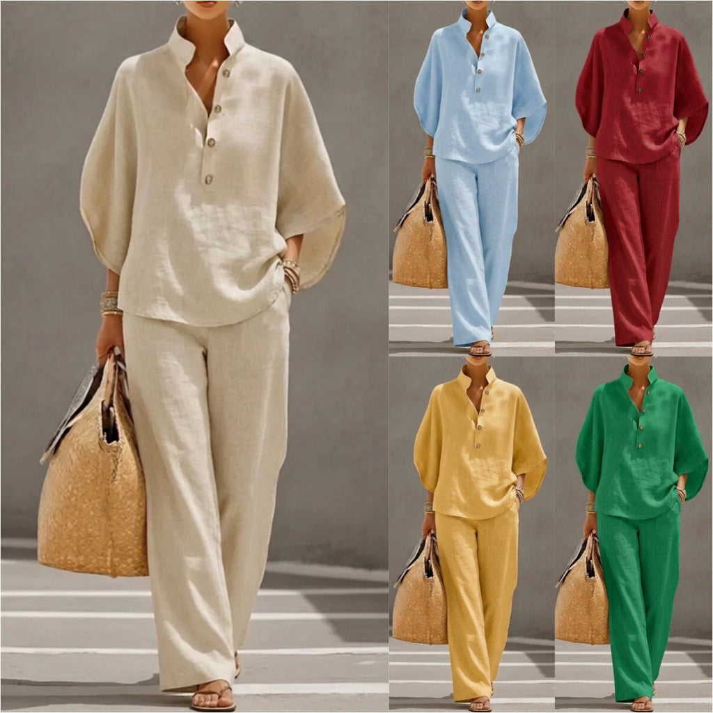 Collage of a person wearing a beige outfit with a straw bag, surrounded by other color options.