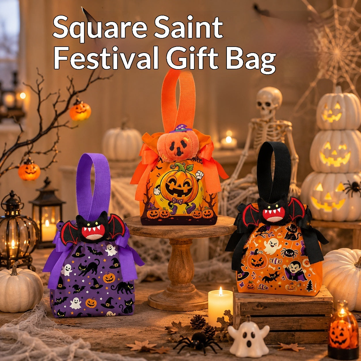 Three square Saint Patrick's Day themed gift bags displayed in a festive Halloween-themed setting. The bags feature colorful patterns, jack-o'-lantern prints, and cute character designs, with purple, orange, and black accents.