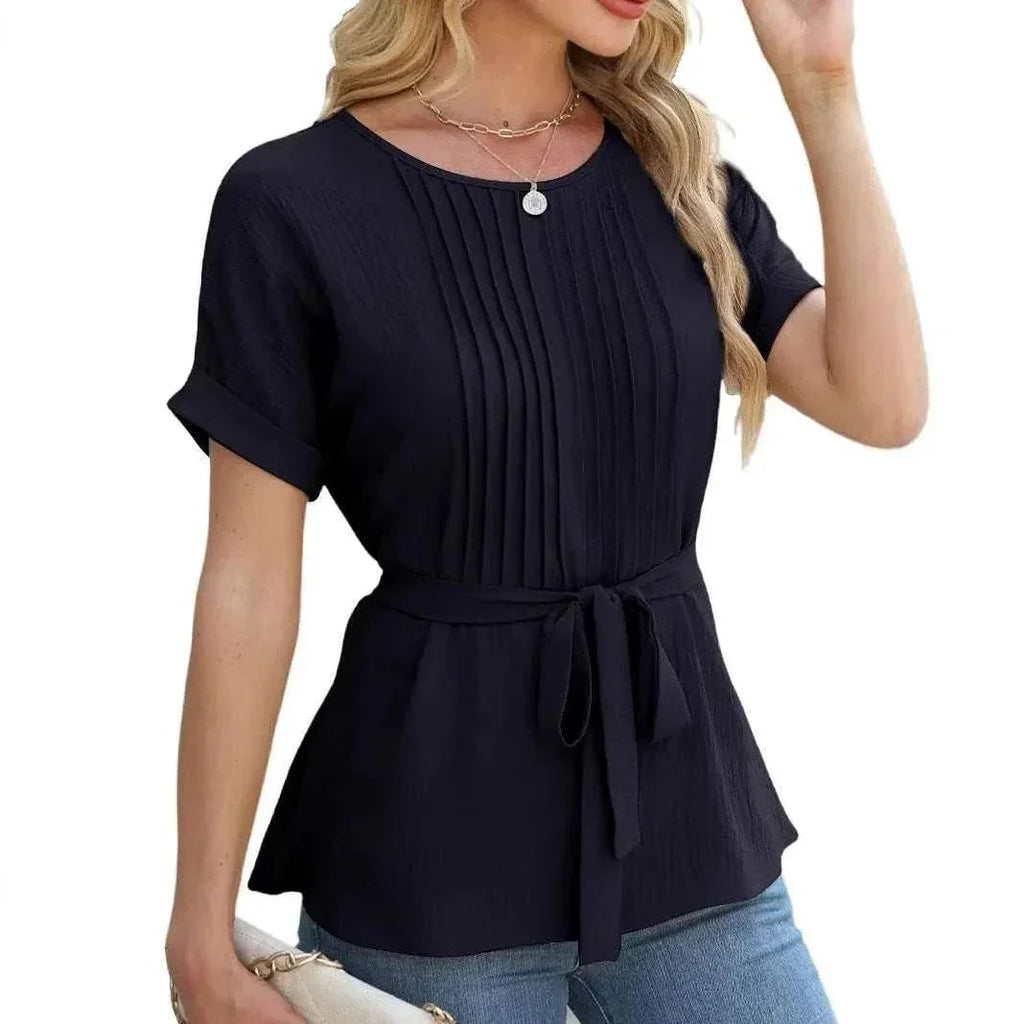 Ruffled Pleated Round Neck Short Sleeve Shirt - ZA-Zola