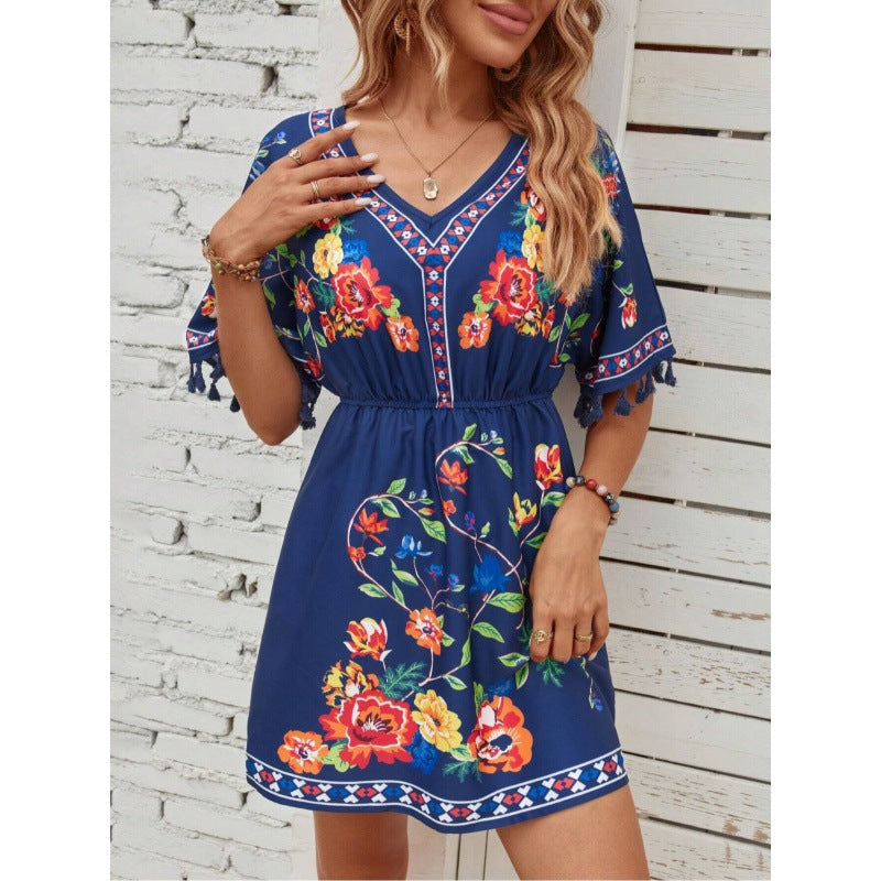 Bohemian Retro Ethnic Print Temperament Waist-Controlled Slimming Short Holiday Dress for Women