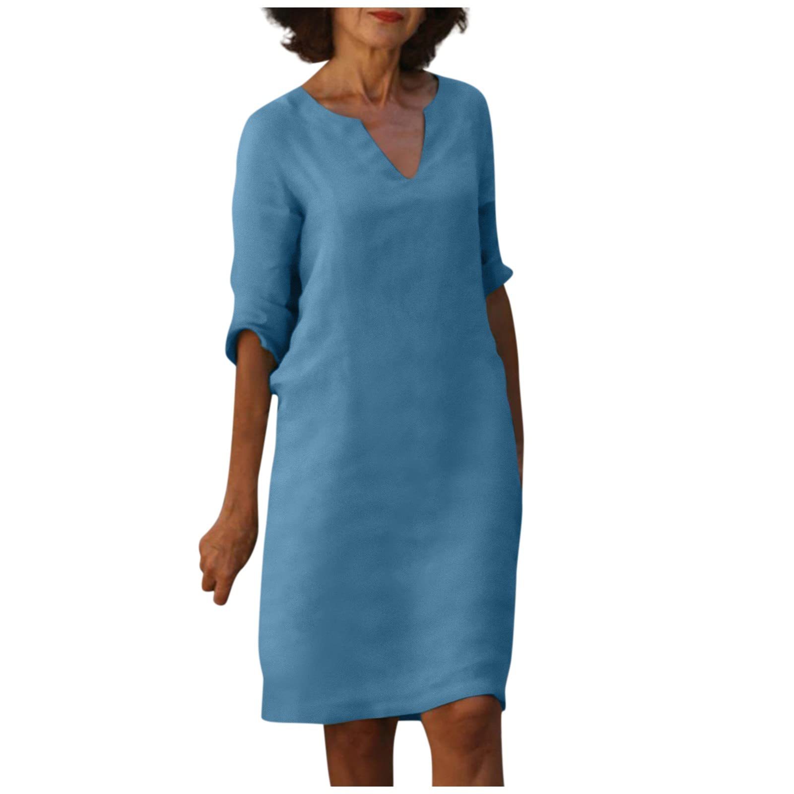 Cotton Linen V-Neck High Waist Retro Summer Dress – A-Line Solid Colour Mid-Length