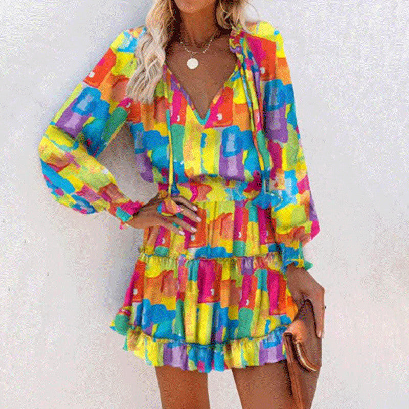Floral Print Puff Sleeve Long Sleeve Dress – Fashion Patchwork Waist Tie Women's Clothing