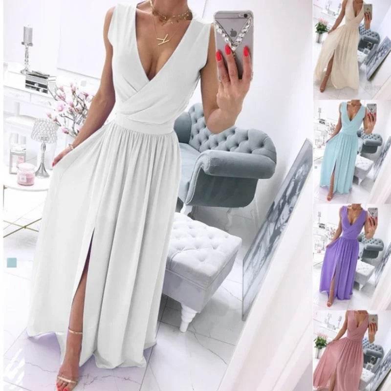 Women's Summer V-Neck Sleeveless Front-Slit Long Dress (S–2XL) - ZA-Zola