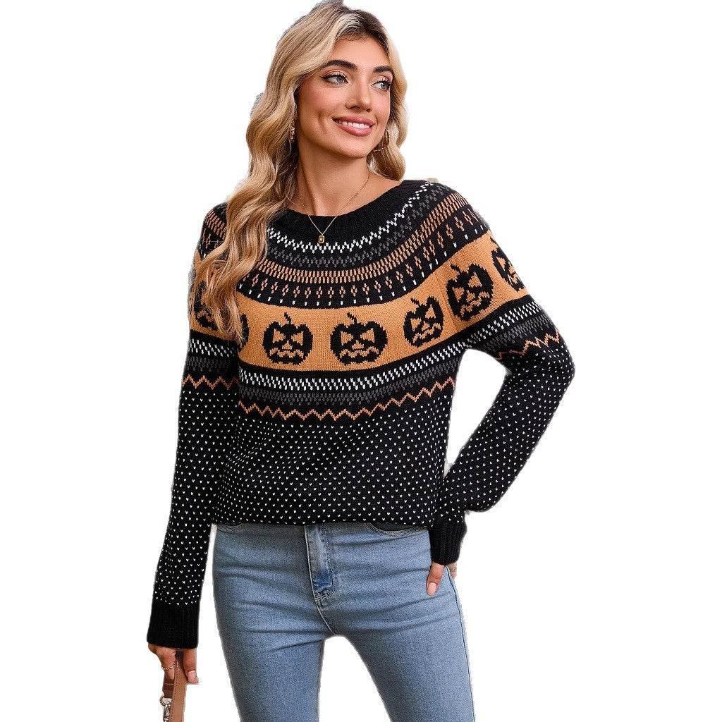 ZA-Zola Halloween Pumpkin Embroidered Sweater - ZA-Zola