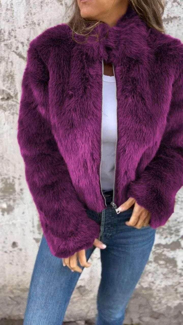 Winter Plush Stand Collar Jacket – Fleece Zipper Coat for Women - ZA-Zola