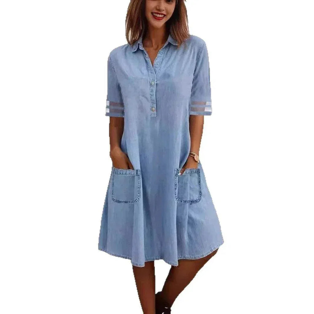 Denim Mesh Patchwork Dress – Chic & Casual Style - ZA-Zola