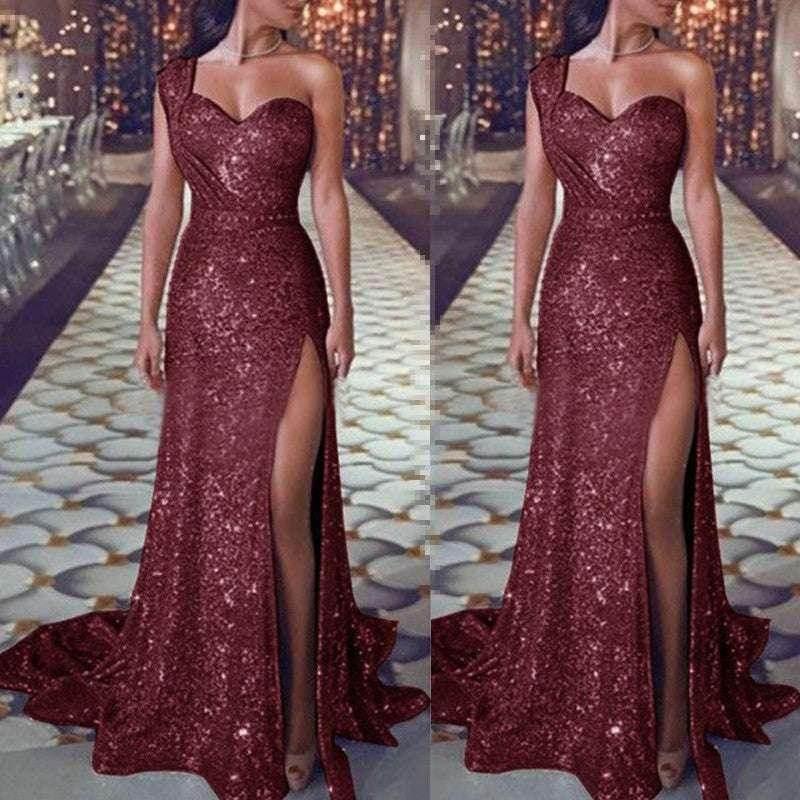 One-Shoulder Bronzing Split Dress – Elegant & Chic - ZA-Zola