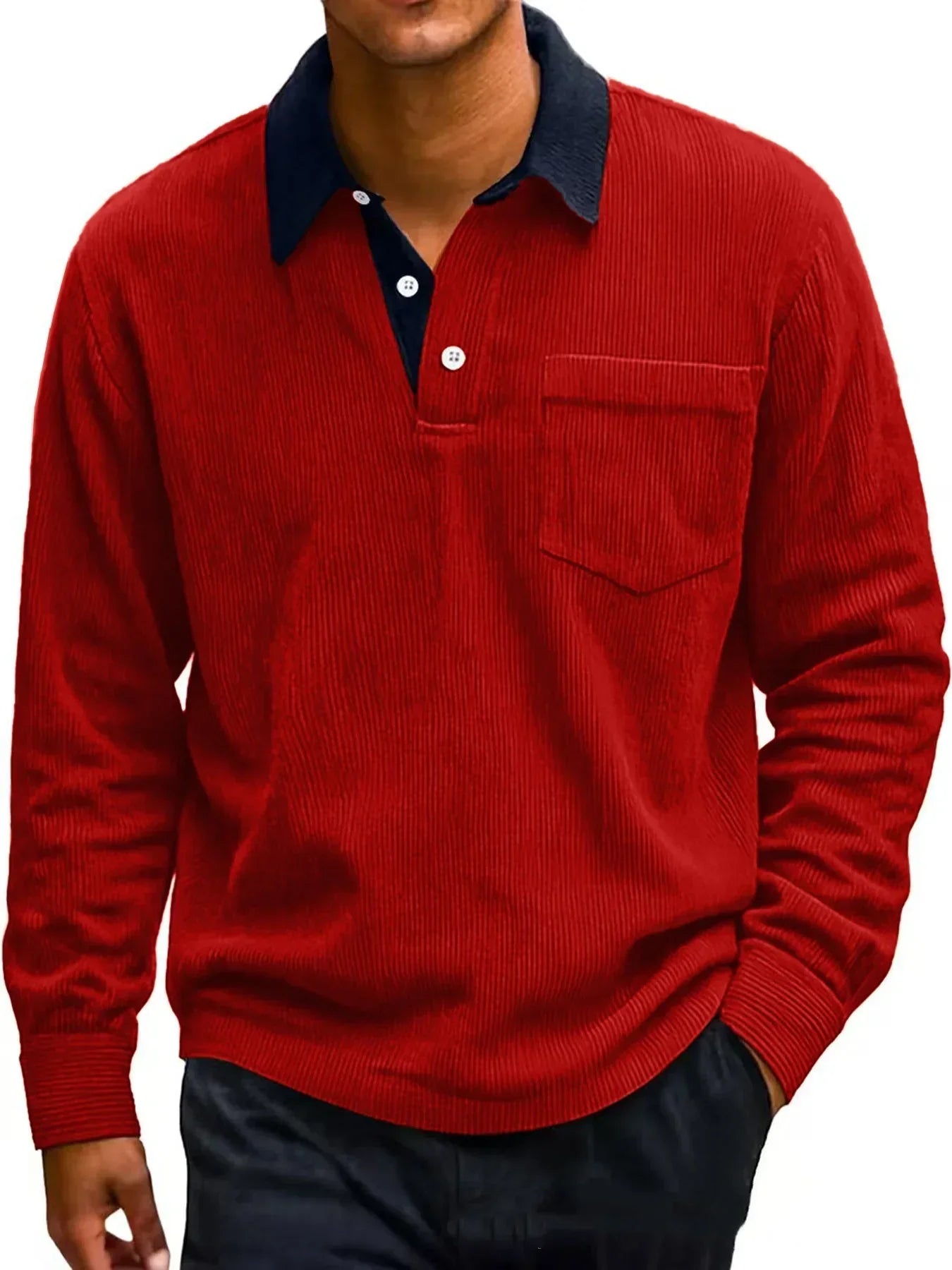 Red corduroy shirt with a pocket on a white background