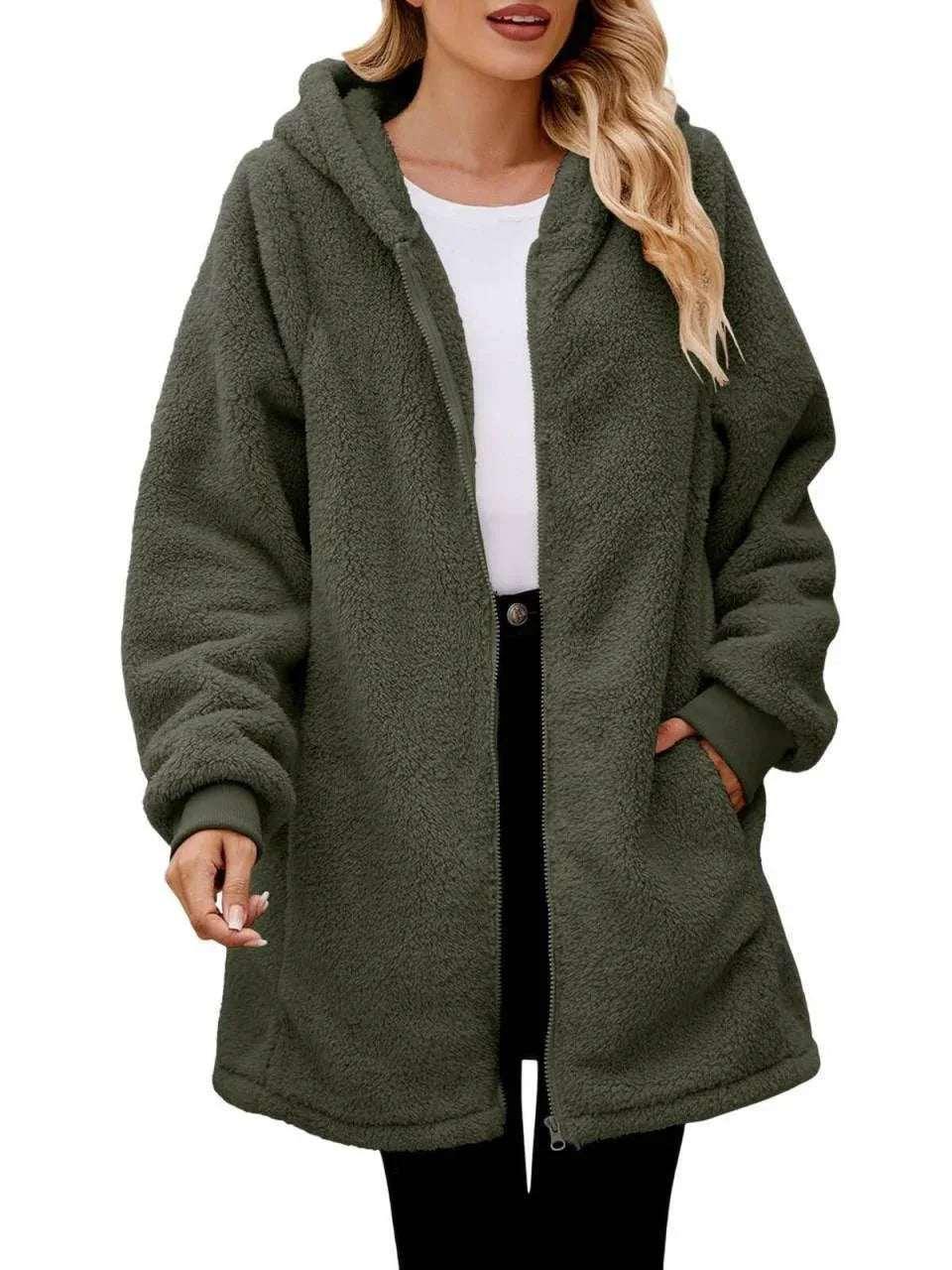 Women’s Plush Zip Hoodie Coat – Loose Long Sleeve Jacket - ZA-Zola