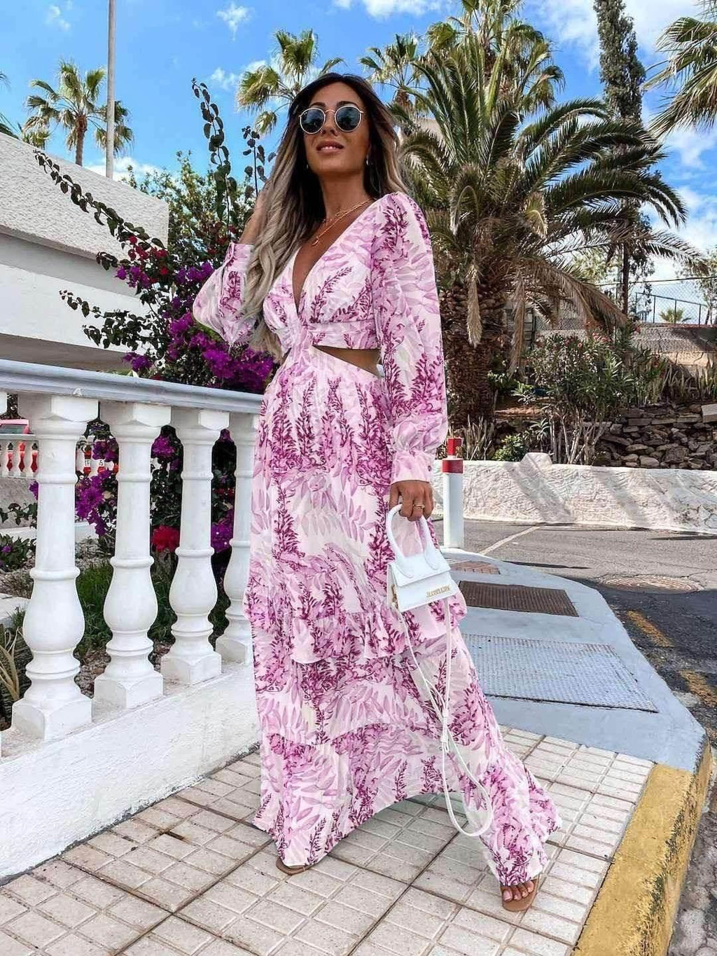 Elegant V-Neck Long Sleeve Chiffon Dress - ZA-Zola