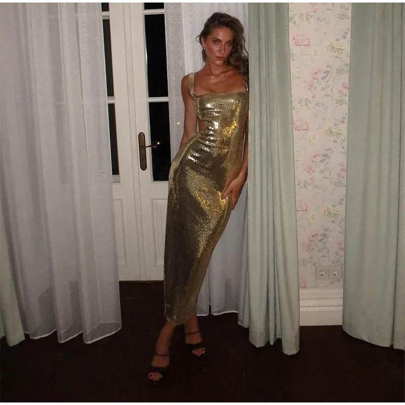 Sequin Sling Square Collar Backless Party Dress - ZA-Zola