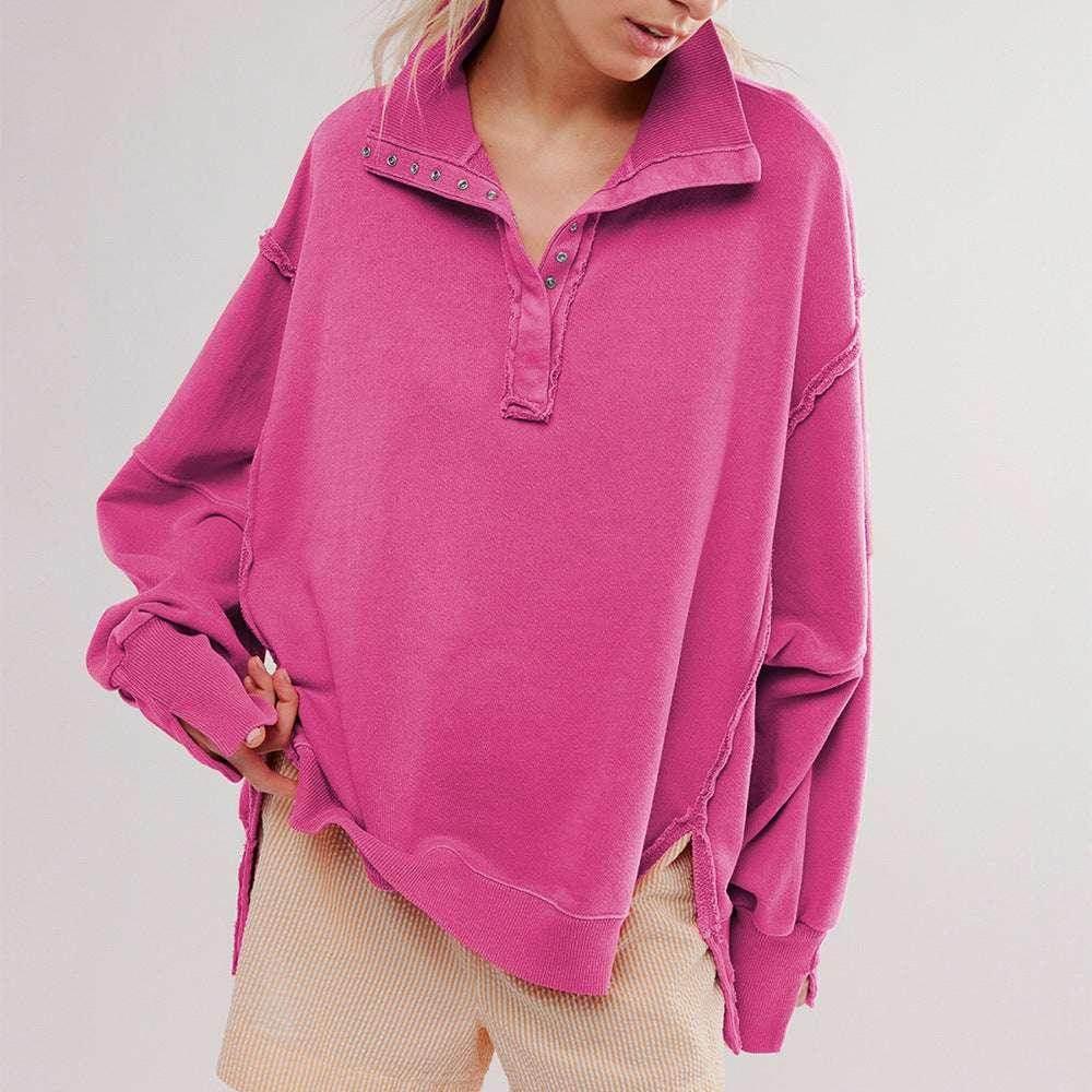 Lapel Button Slit Sweatshirt – Sporty & Stylish - ZA-Zola