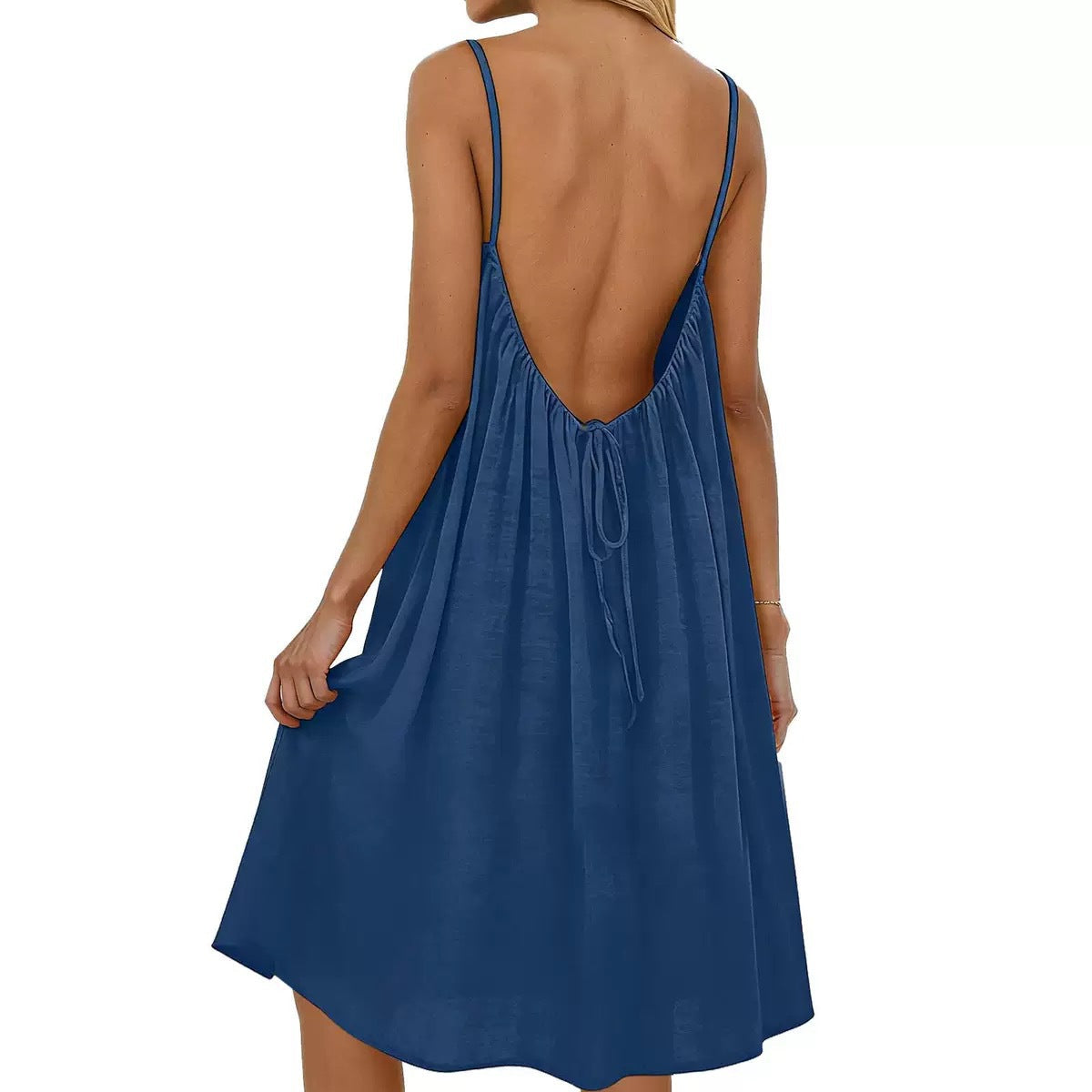 Blue dress with open back on a white background