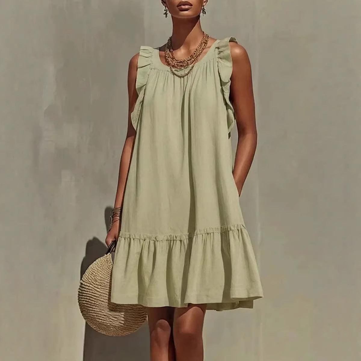 Casual Loose Round Neck Sleeveless Ruffle Trim Dress – Stylish A-Line Women's Fashion