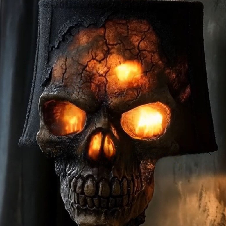 Skull with glowing eyes and a dark hood against a dark background