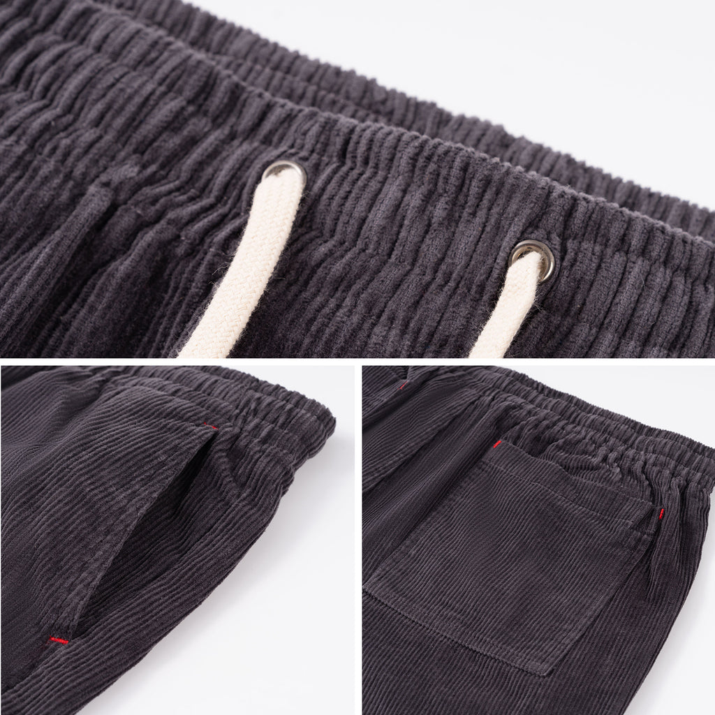 Collage of dark gray corduroy pants with drawstring and pocket details on a white background.