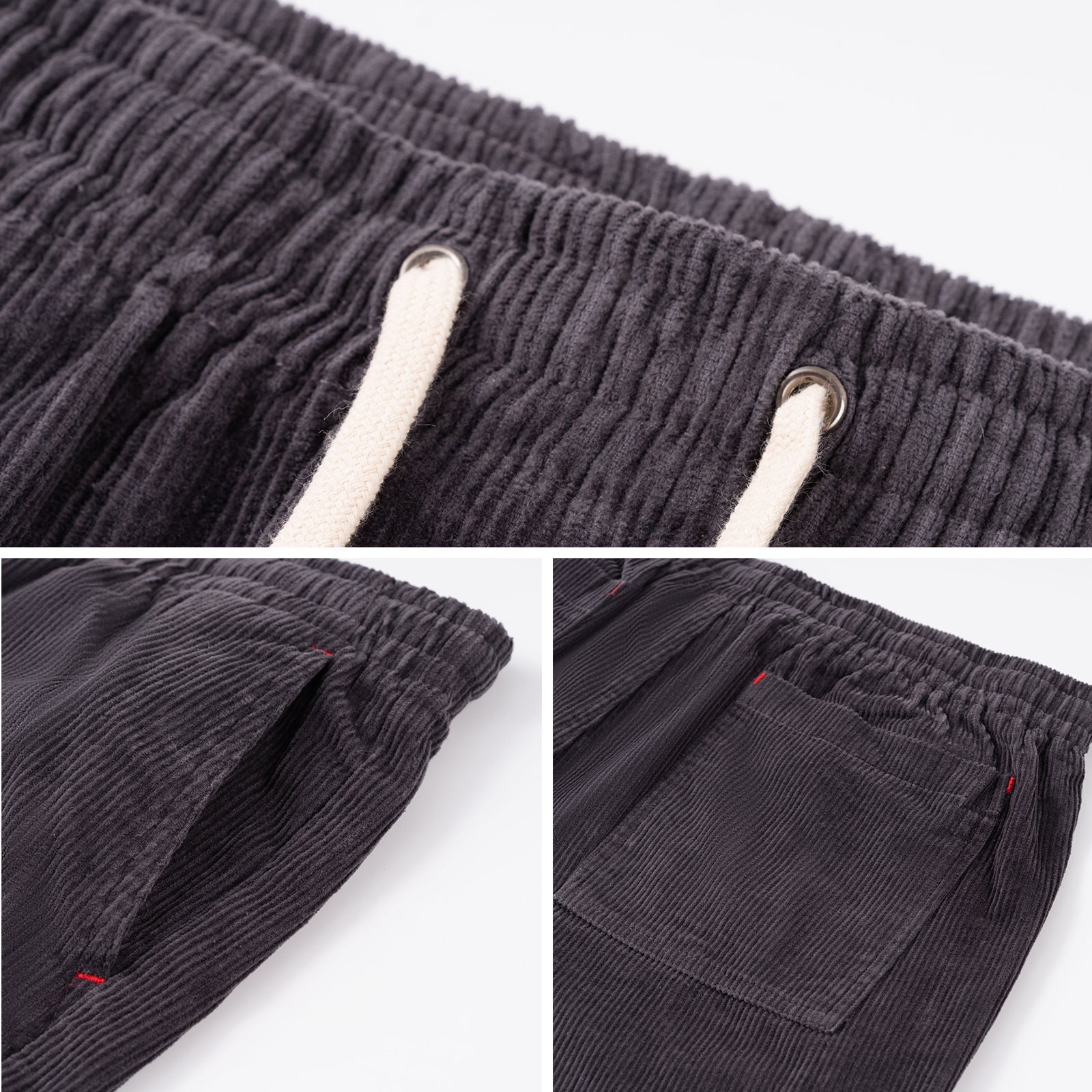 Collage of dark gray corduroy pants with drawstring and pocket details on a white background.