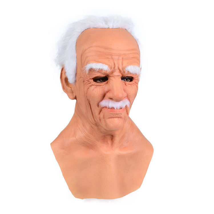 An elderly man latex mask with white hair, white eyebrows, and a white mustache, shown on a solid white background.