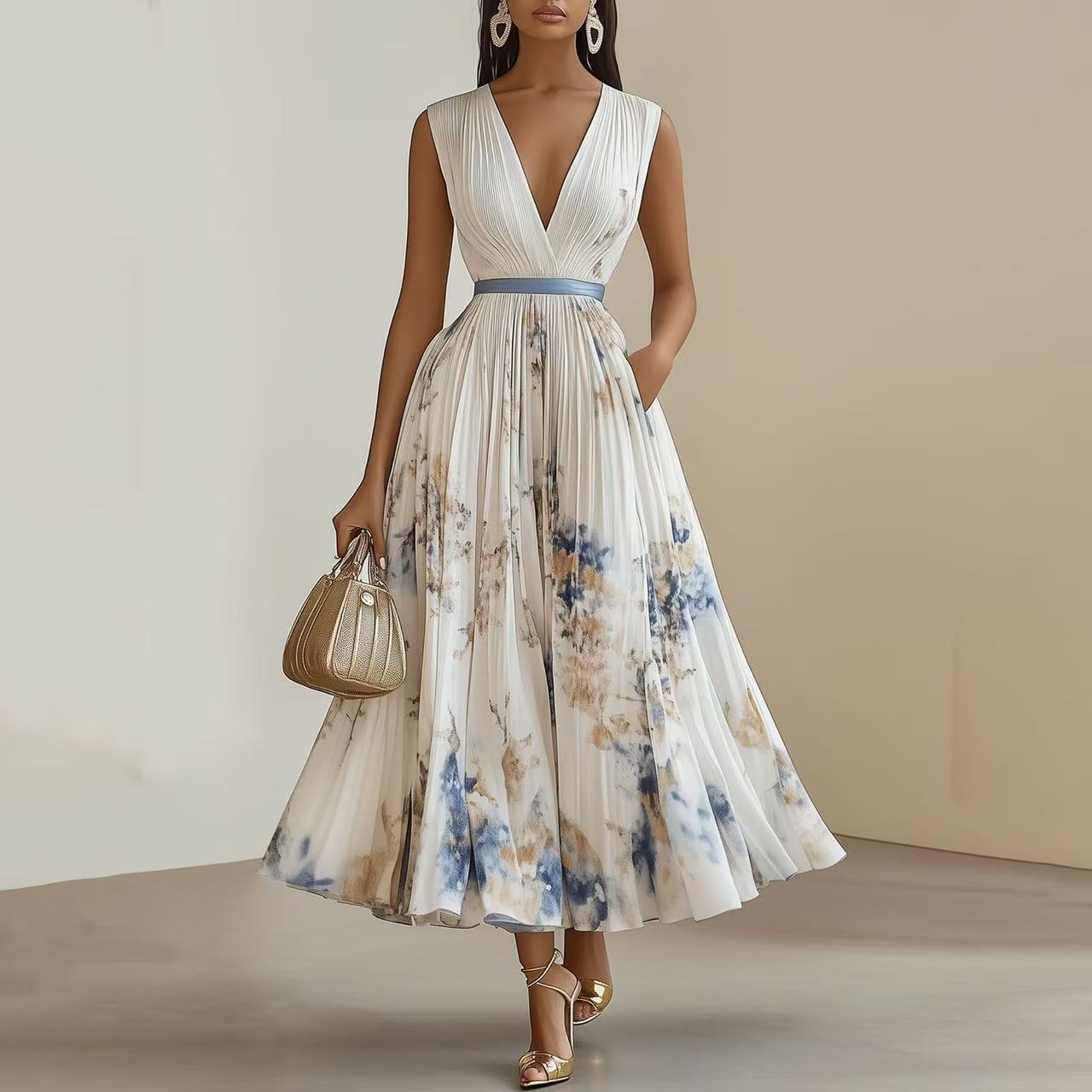 Woman wearing a floral dress with a plain background