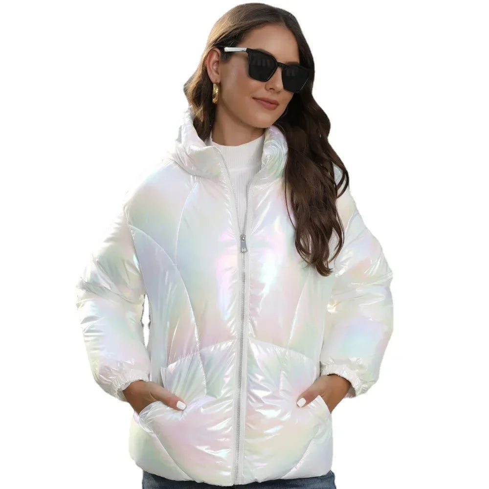 Shiny Hooded Puffer Jacket for Women – Warm Cotton Coat - ZA-Zola