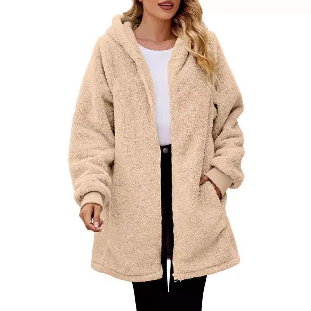 Women’s Plush Zip Hoodie Coat – Loose Long Sleeve Jacket - ZA-Zola