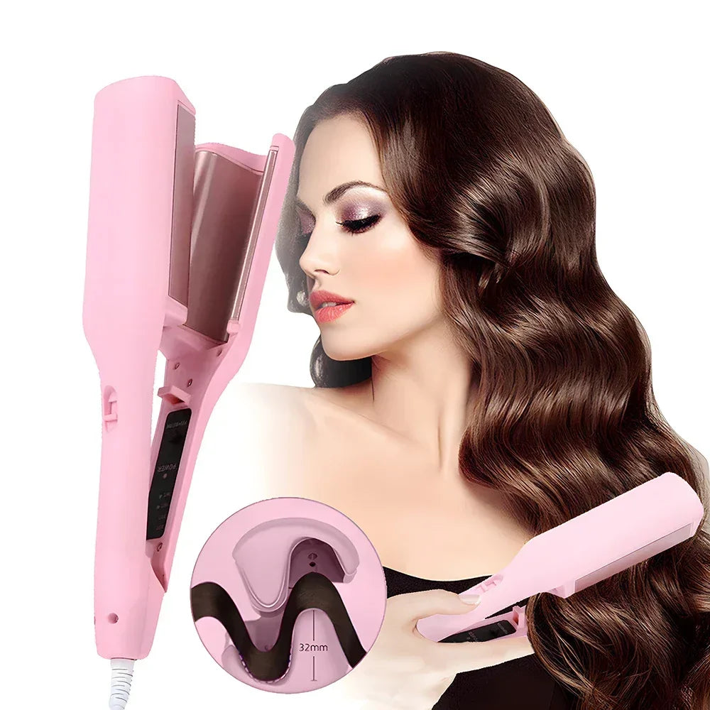 Woman styling long wavy hair with a pink 32mm hair crimper curling iron