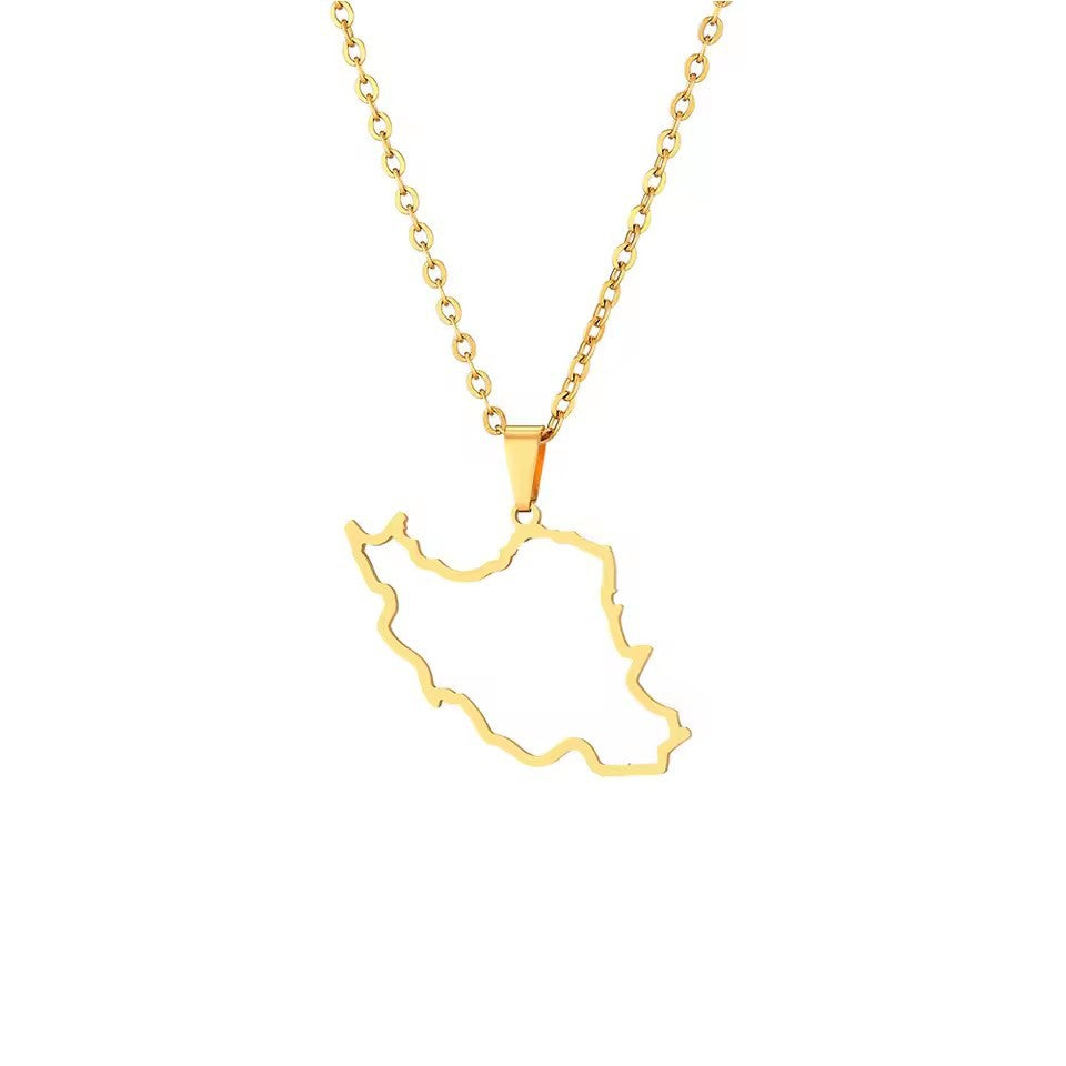 Gold necklace with a map-shaped pendant on a white background