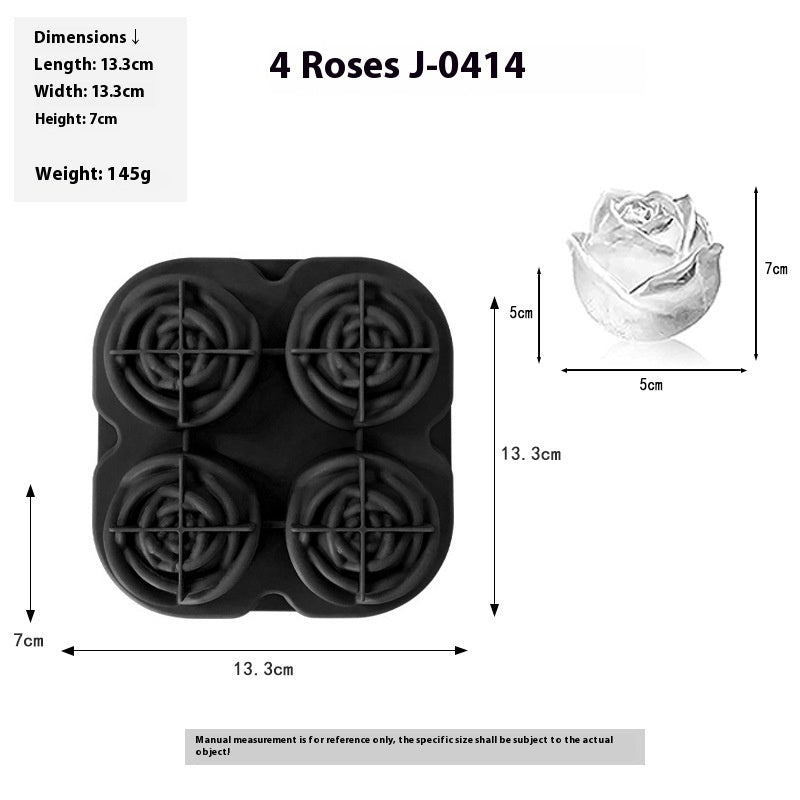 Black rose-shaped mold with measurements and a white rose for scale on a white background