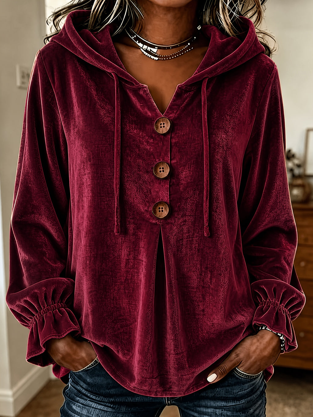 A woman wearing a burgundy velvet long-sleeve hoodie with a buttoned split neckline, drawstrings, and ruffled cuffs, paired with dark blue jeans.