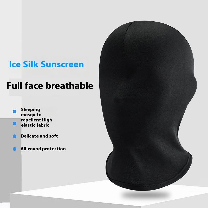 Black full-face breathable balaclava mask displayed on a white pedestal with marketing text on the left side.